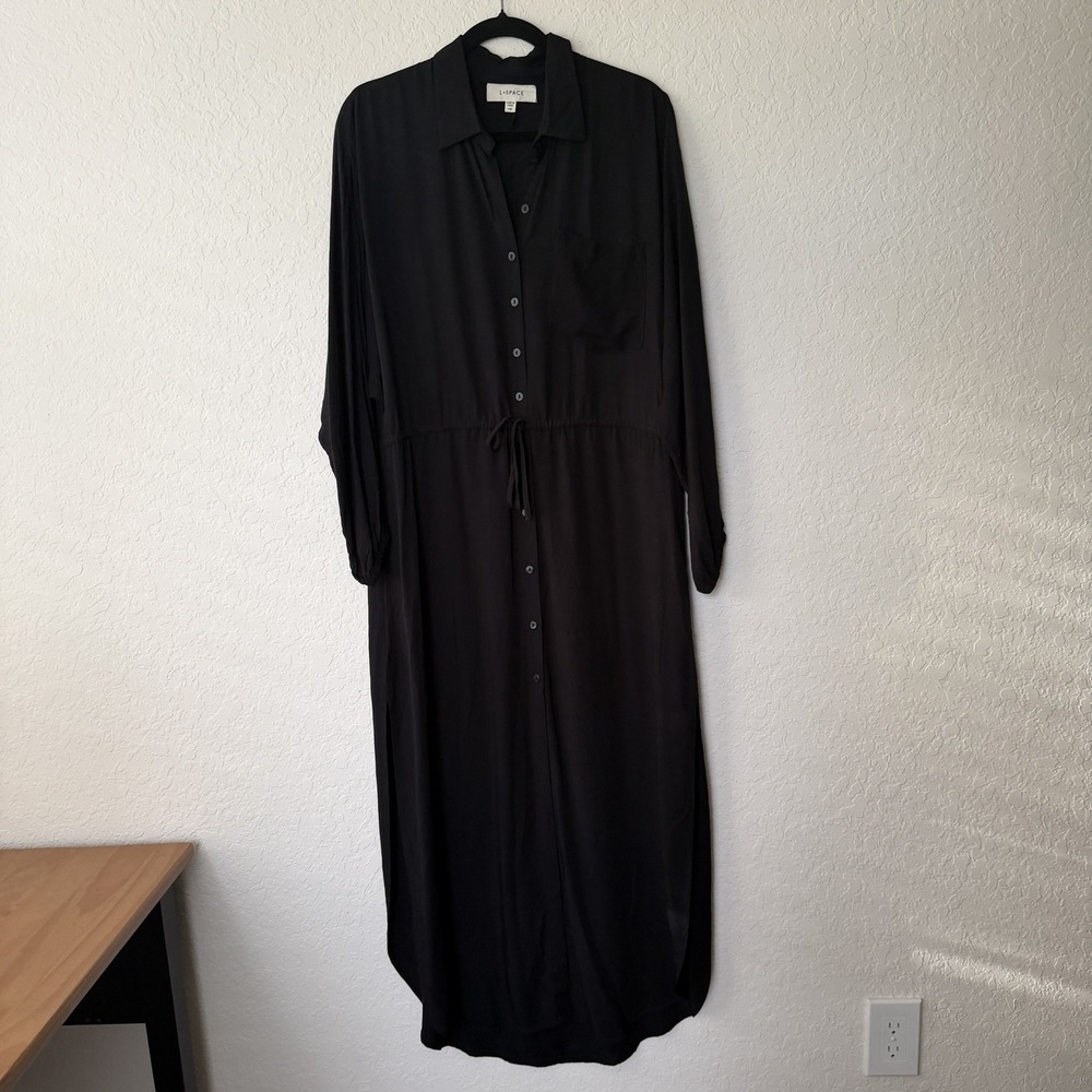 L*Space Shirt Dress Medium Black Swim Cover Rayon Dolman Long Sleeve Button Up